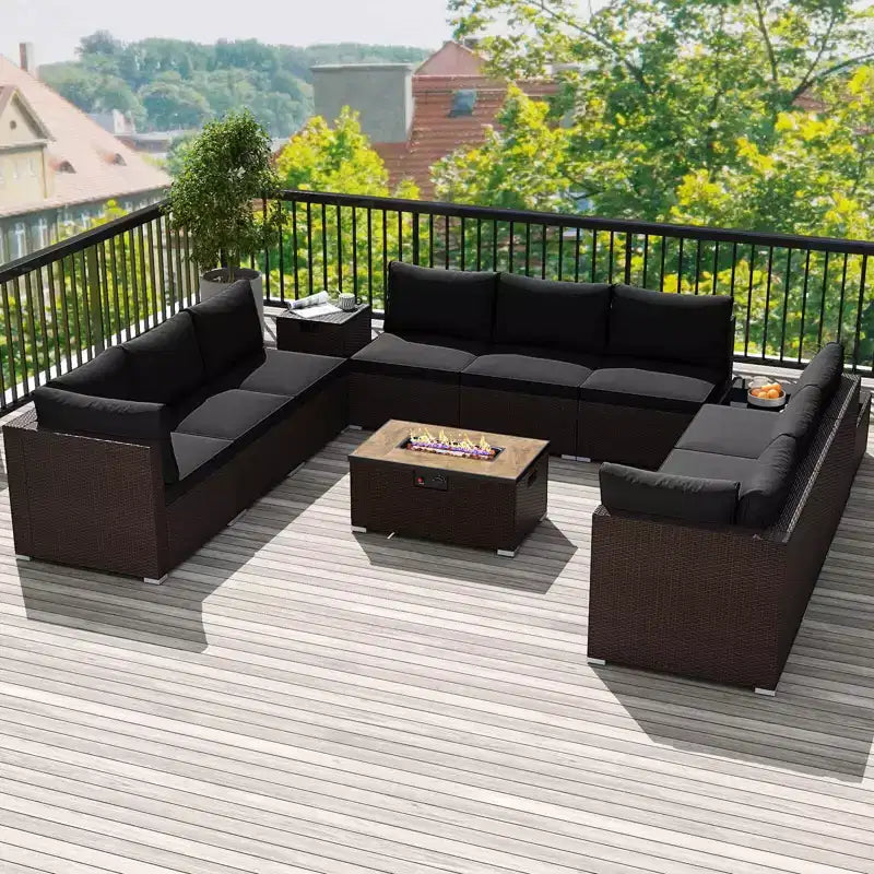 Costway 12 PCS Patio Wicker Sectional Sofa Set with 32 Propane Fire Pit Table Tank Holder Black/Brown/Navy