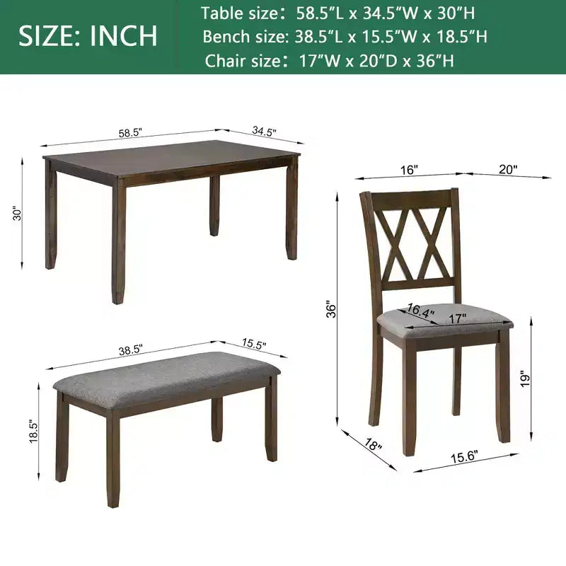 Homy Casa - Ensemble de salle à manger 6 pièces en bois avec 4 chaises rembourrées et un banc, table de cuisine rectangulaire, noyer