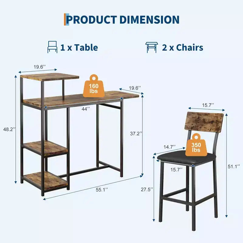 Ensemble table à manger pour 2, Table et chaises de cuisine, Table de bar avec 2 tabourets de bar, Ensemble de table à manger 3 pièces pour petit espace, Appartement