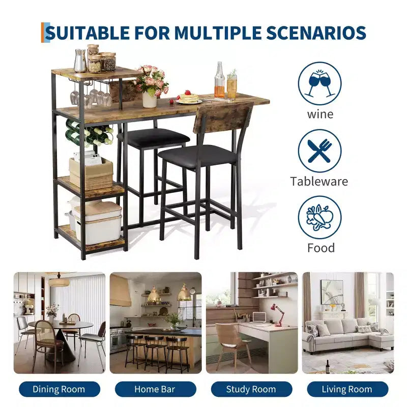 Ensemble table à manger pour 2, Table et chaises de cuisine, Table de bar avec 2 tabourets de bar, Ensemble de table à manger 3 pièces pour petit espace, Appartement