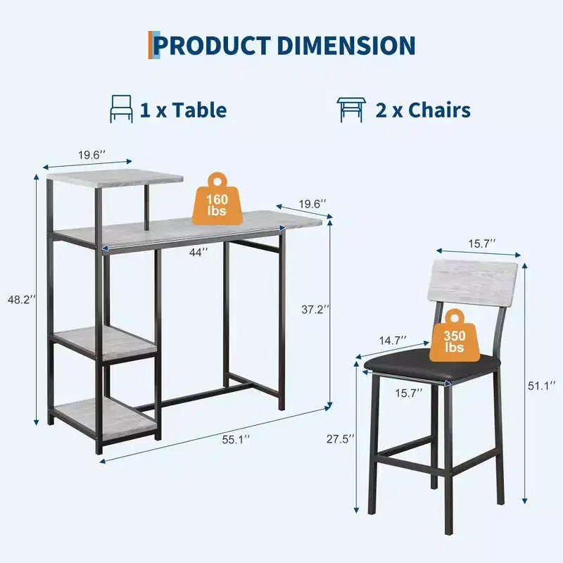 Ensemble table à manger pour 2, Table et chaises de cuisine, Table de bar avec 2 tabourets de bar, Ensemble de table à manger 3 pièces pour petit espace, Appartement