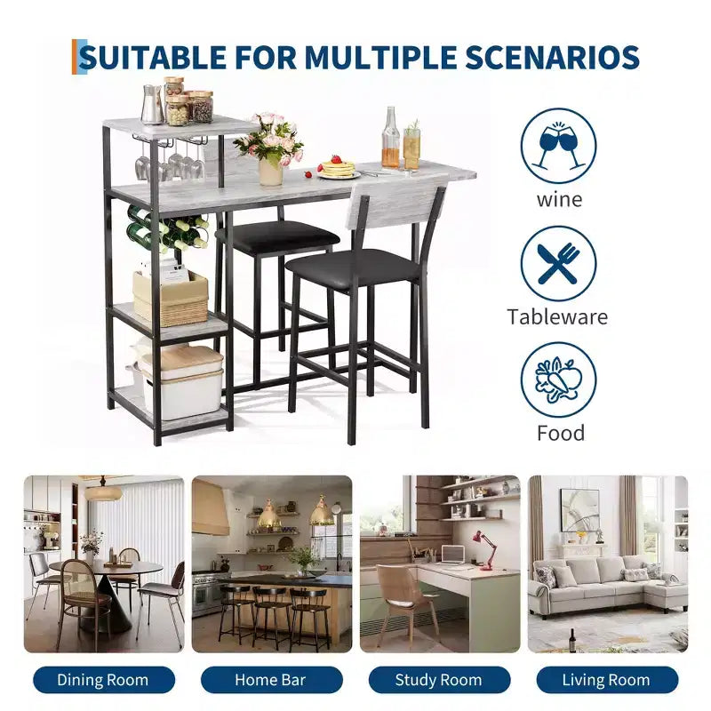 Ensemble table à manger pour 2, Table et chaises de cuisine, Table de bar avec 2 tabourets de bar, Ensemble de table à manger 3 pièces pour petit espace, Appartement