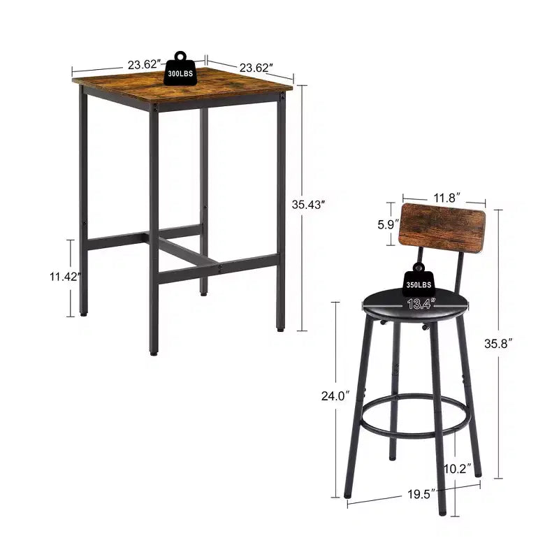 Okak Ensemble de Table et 2 Tabourets de Bar Industriels Hauteur Bar pour Cuisine, Salle à Manger, Ensemble Bistrot en Métal et Bois pour Petit-Déjeuner