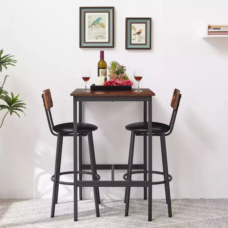 Okak Ensemble de Table et 2 Tabourets de Bar Industriels Hauteur Bar pour Cuisine, Salle à Manger, Ensemble Bistrot en Métal et Bois pour Petit-Déjeuner