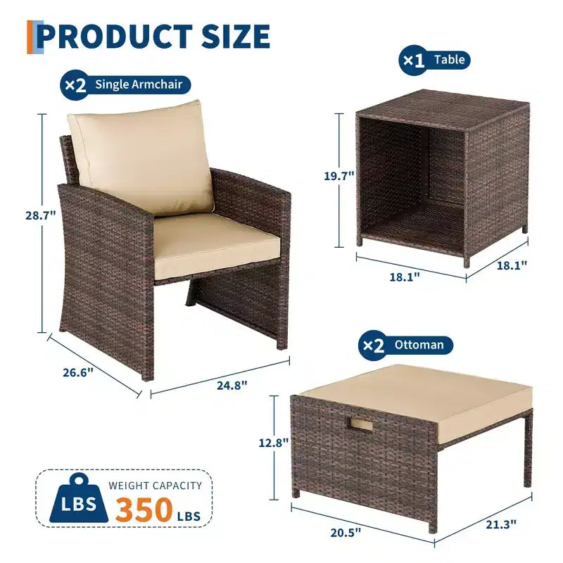 L'ensemble de 5 meubles de jardin en rotin comprend des coussins moelleux, deux poufs et une table basse à double plateau.