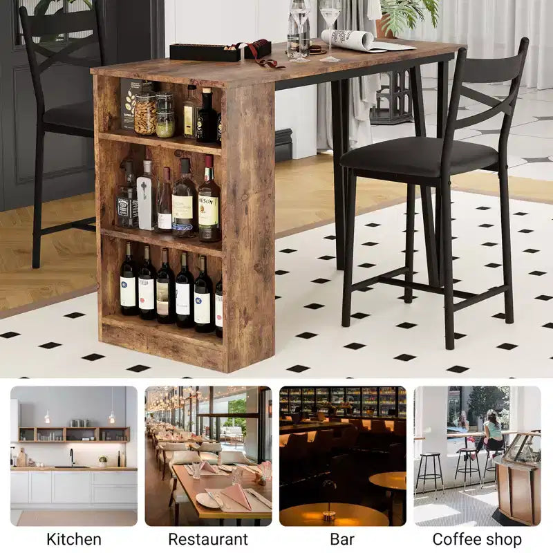 Ensemble table de bar et 2 chaises, table de bar haute de cuisine, ensemble de salle à manger en bois hauteur bar, étagères de rangement à 3 niveaux, 2 tabourets, pour petits espaces