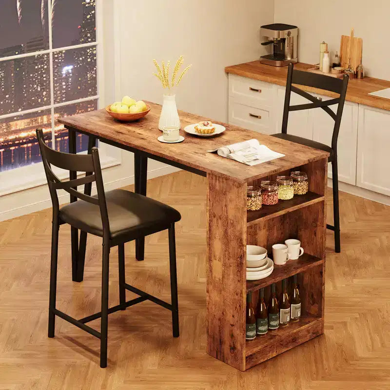Ensemble table de bar et 2 chaises, table de bar haute de cuisine, ensemble de salle à manger en bois hauteur bar, étagères de rangement à 3 niveaux, 2 tabourets, pour petits espaces