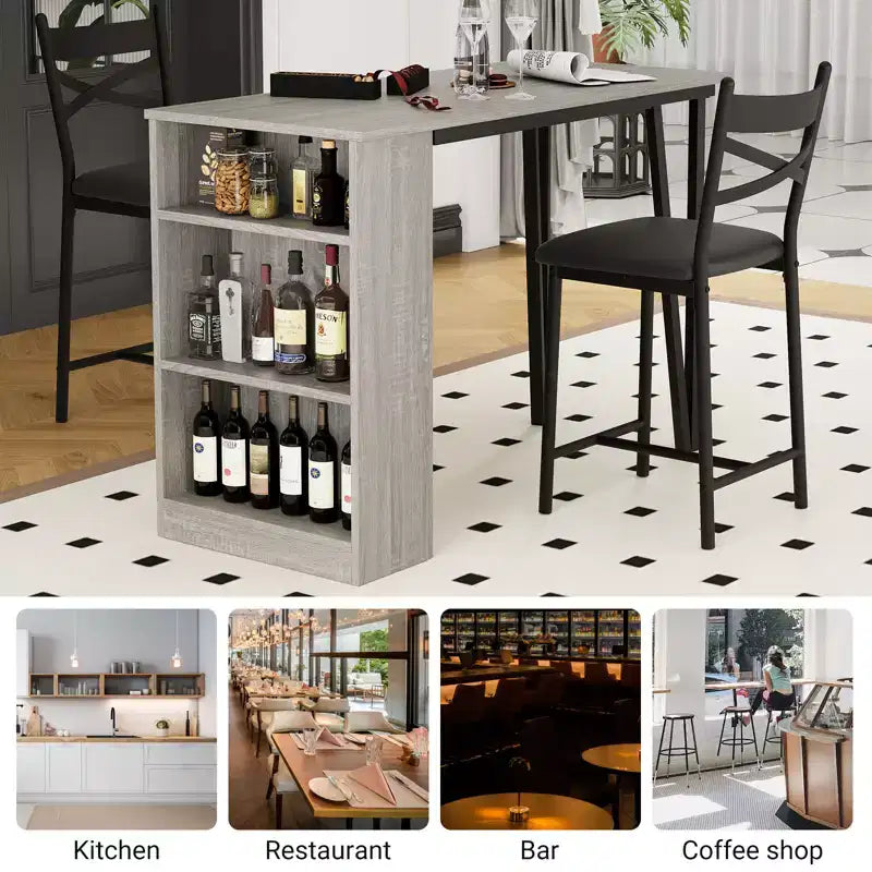 Ensemble table de bar et 2 chaises, table de bar haute de cuisine, ensemble de salle à manger en bois hauteur bar, étagères de rangement à 3 niveaux, 2 tabourets, pour petits espaces