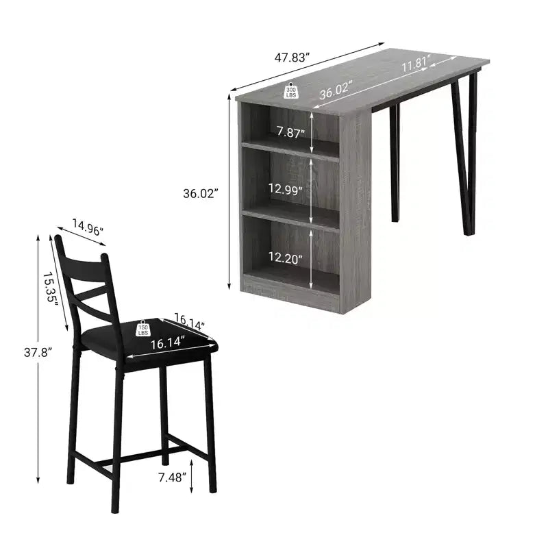 Ensemble table de bar et 2 chaises, table de bar haute de cuisine, ensemble de salle à manger en bois hauteur bar, étagères de rangement à 3 niveaux, 2 tabourets, pour petits espaces