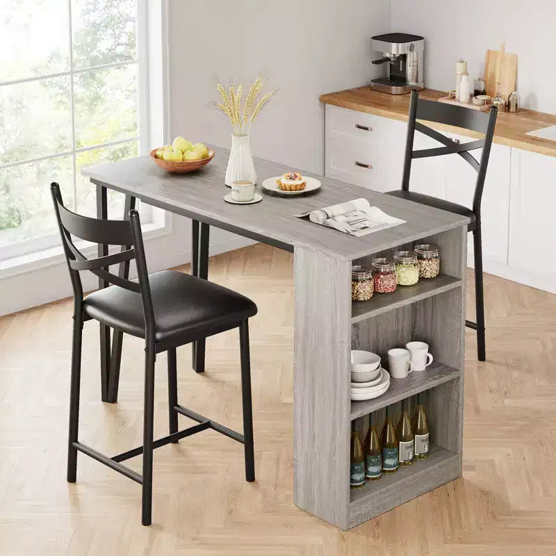 Ensemble table de bar et 2 chaises, table de bar haute de cuisine, ensemble de salle à manger en bois hauteur bar, étagères de rangement à 3 niveaux, 2 tabourets, pour petits espaces
