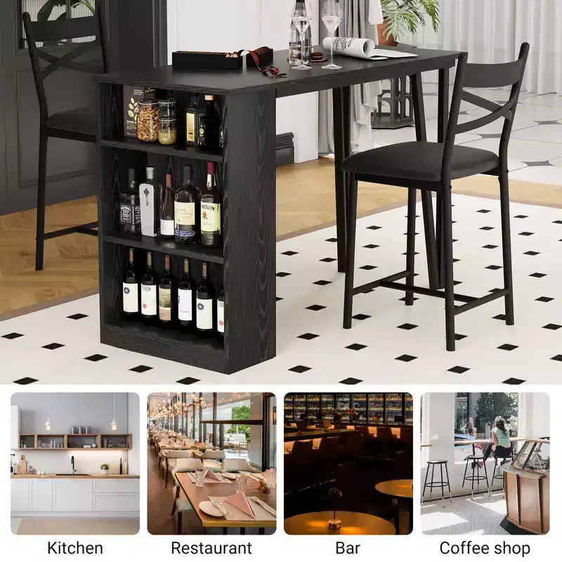 Ensemble table de bar et 2 chaises, table de bar haute de cuisine, ensemble de salle à manger en bois hauteur bar, étagères de rangement à 3 niveaux, 2 tabourets, pour petits espaces