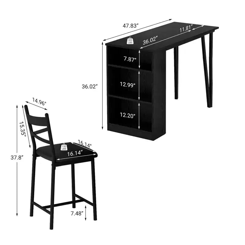 Ensemble table de bar et 2 chaises, table de bar haute de cuisine, ensemble de salle à manger en bois hauteur bar, étagères de rangement à 3 niveaux, 2 tabourets, pour petits espaces