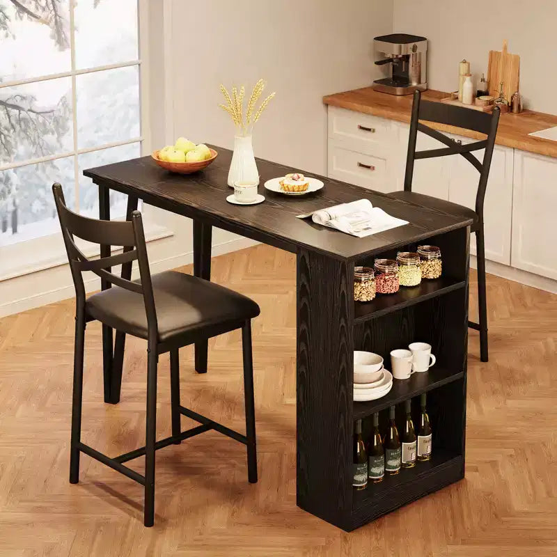 Ensemble table de bar et 2 chaises, table de bar haute de cuisine, ensemble de salle à manger en bois hauteur bar, étagères de rangement à 3 niveaux, 2 tabourets, pour petits espaces