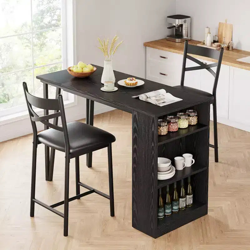 Ensemble table de bar et 2 chaises, table de bar haute de cuisine, ensemble de salle à manger en bois hauteur bar, étagères de rangement à 3 niveaux, 2 tabourets, pour petits espaces