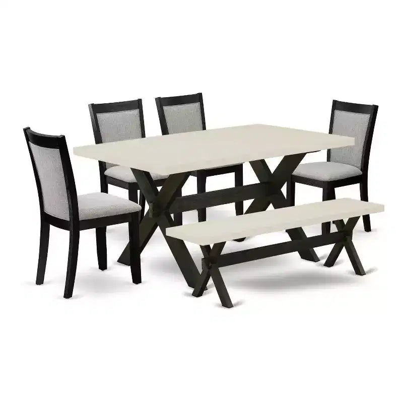 HomeStock 6-Piece Rectangle Natural Oak Finish Solid Wood Top Dining Table with 1-Bench, 4 Upholstered-Chairs