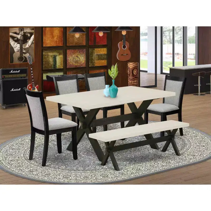 HomeStock Table à manger 6 pièces rectangulaire en bois massif finition chêne naturel avec 1 banc et 4 chaises rembourrées