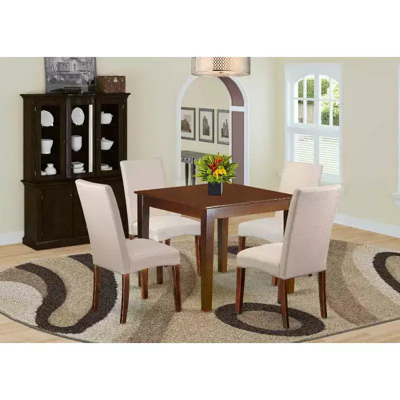Ensemble de salle à manger rustique 5 pièces Table et chaises carrées - Tissu crème lin, pieds en acajou - Meubles de cuisine de maison