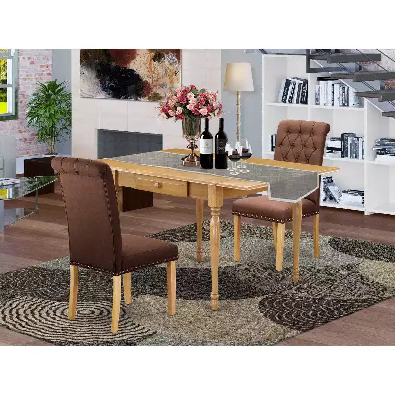 Ensemble de table à manger HomeStock 3 pièces, finition chêne naturel marron, dessus en bois massif avec abattants, pour petits espaces