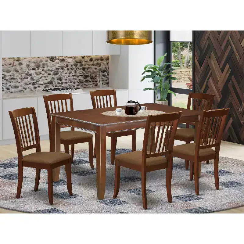 Table de salle à manger HomeStock 7 pièces rectangulaire en bois massif finition acajou avec 6 chaises à dossier à lattes