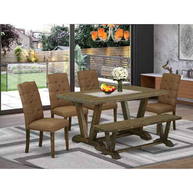 HomeStock Table à manger 6 pièces rectangulaire en bois massif finition jacobine vieillie avec 1 banc et 4 chaises