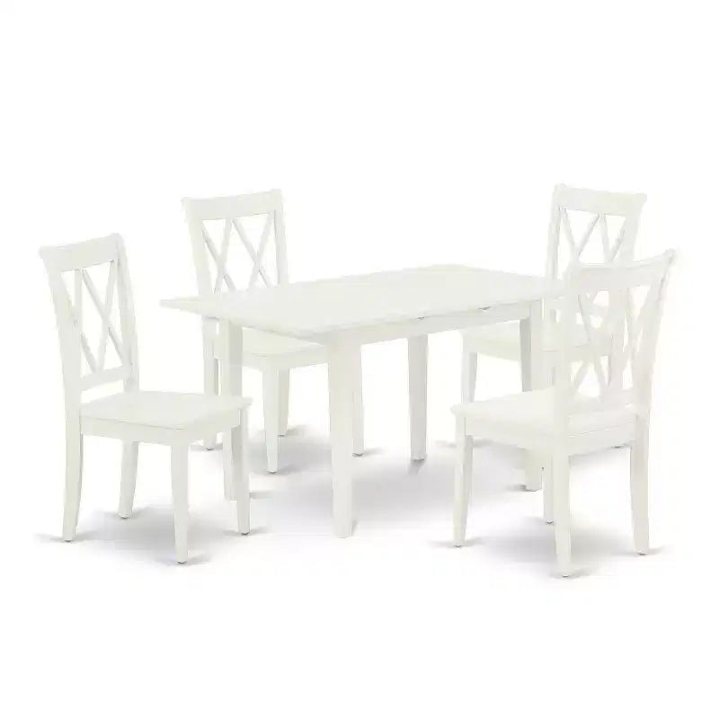 HomeStock 5-Pc Linen White Finish Solid Wood Top-Rectangular Dining Room Set with Butterfly Leaf-Seats 4