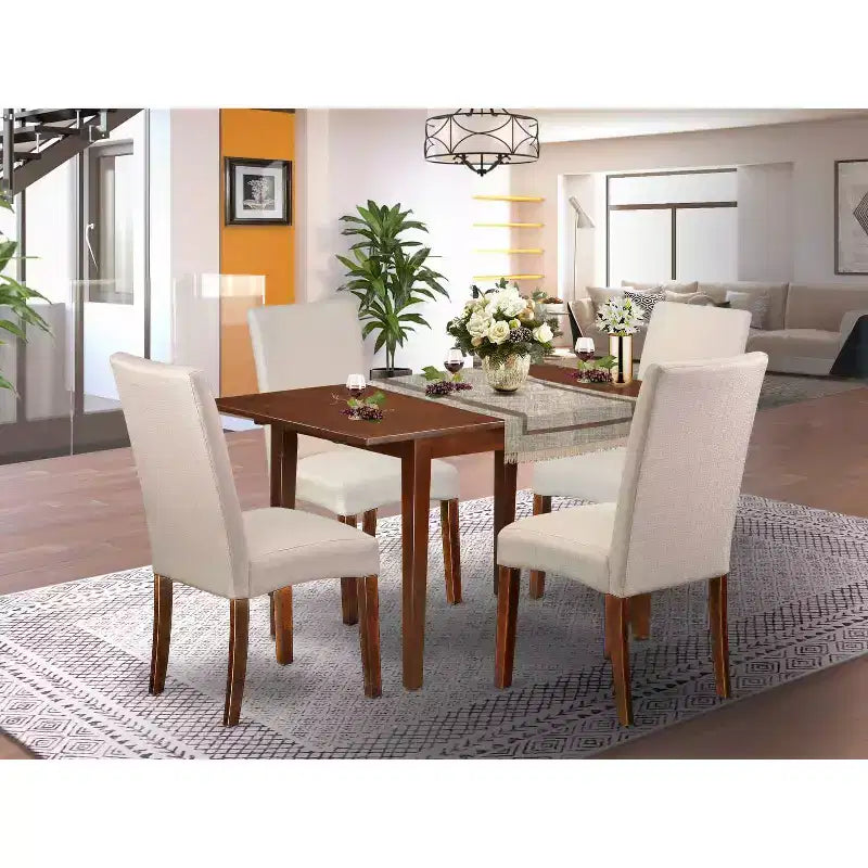 Ensemble de salle à manger vintage 5 pièces Table rectangulaire et 4 chaises - Tissu en lin crème - Pieds en acajou - Table de 42 avec rallonge