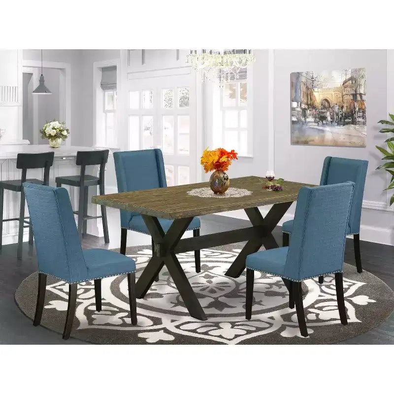 Table de salle à manger 5 pièces en bois massif finition jacobine patinée avec 4 chaises