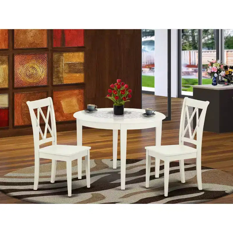 Ensemble de salle à manger nordique - Table et chaises 3 pièces - Table ronde de 42 pouces - Finition blanc lin - Meubles modernes