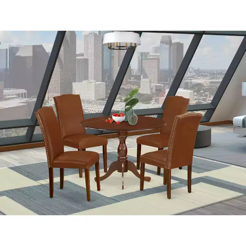 Table à manger 5 pièces avec plateau en bois massif finition acajou et 4 chaises à abattant
