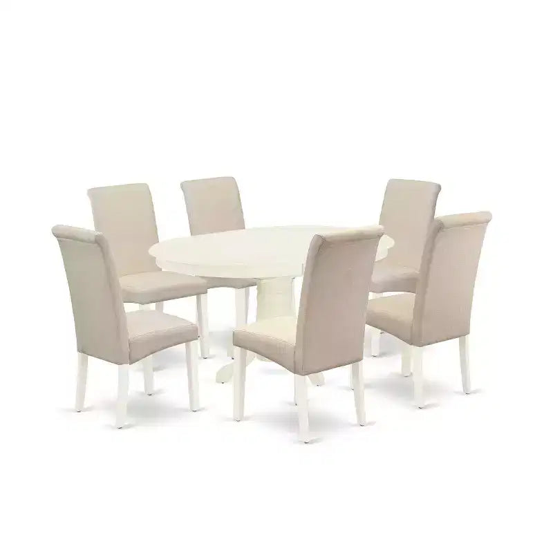 HomeStock 7-Piece Oval Linen White Finish Solid Wood Top Dining Table with 6 Parson-Chairs with Butterfly Leaf