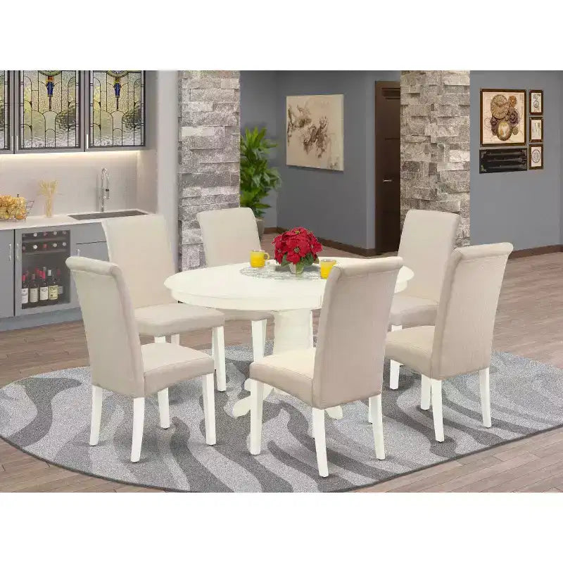 Table de salle à manger HomeStock 7 pièces ovale en bois massif finition blanc lin avec 6 chaises Parson et rallonge papillon