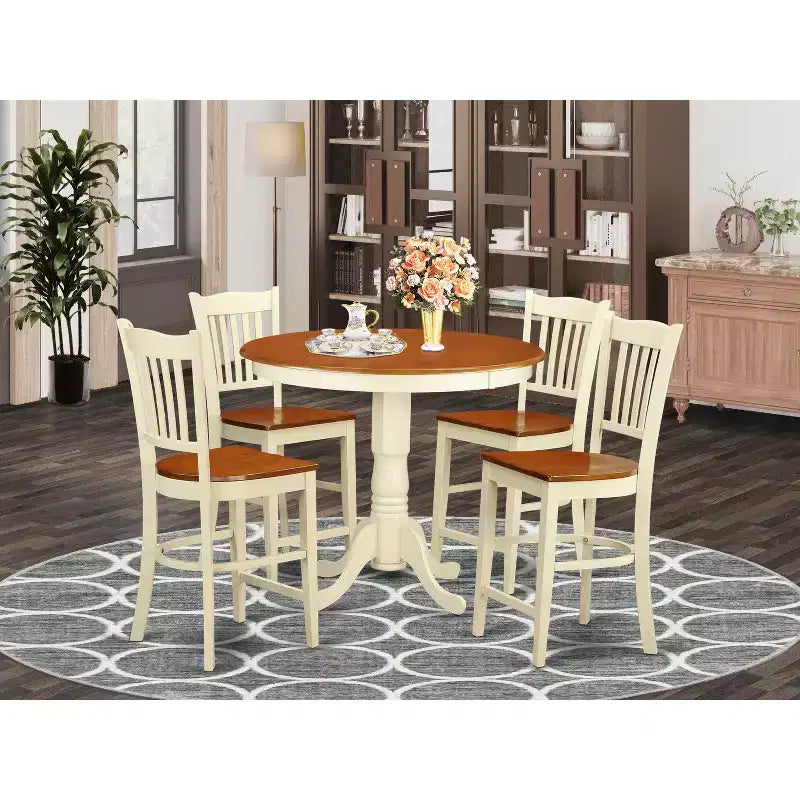 Ensemble de salle à manger 5 pièces Coastal - Table ronde et 4 chaises - Fini crème au beurre et cerisier