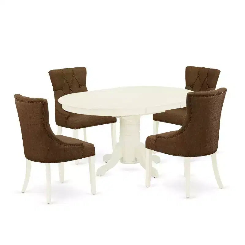HomeStock 5-Piece Oval Linen White Finish Solid Wood Top Dining Table with 4 Parson Chair with Butterfly Leaf