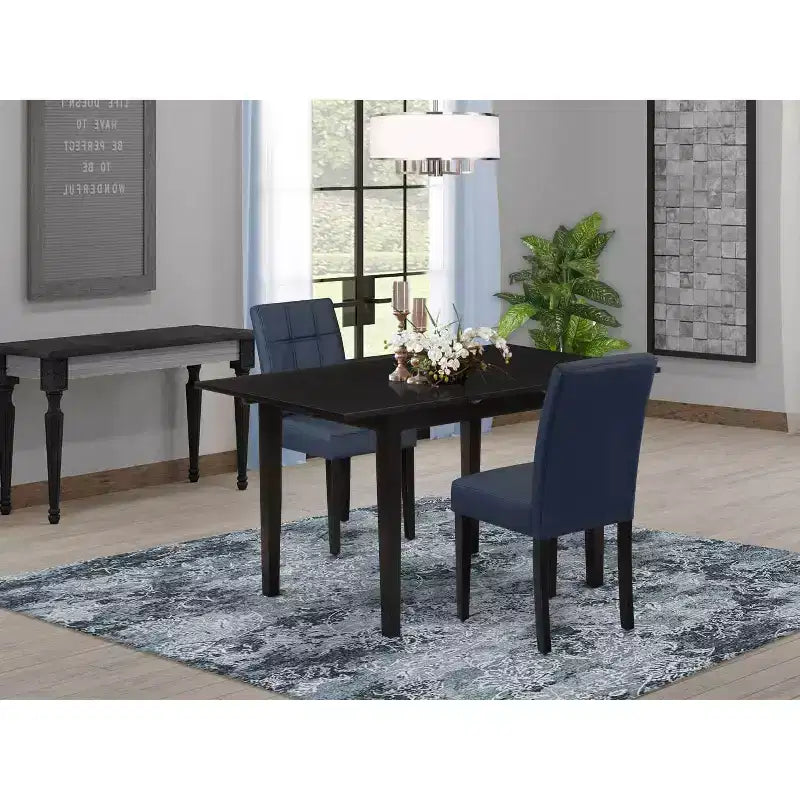 Ensemble de salle à manger 3 pièces avec table rectangulaire à plateau en bois massif finition noire