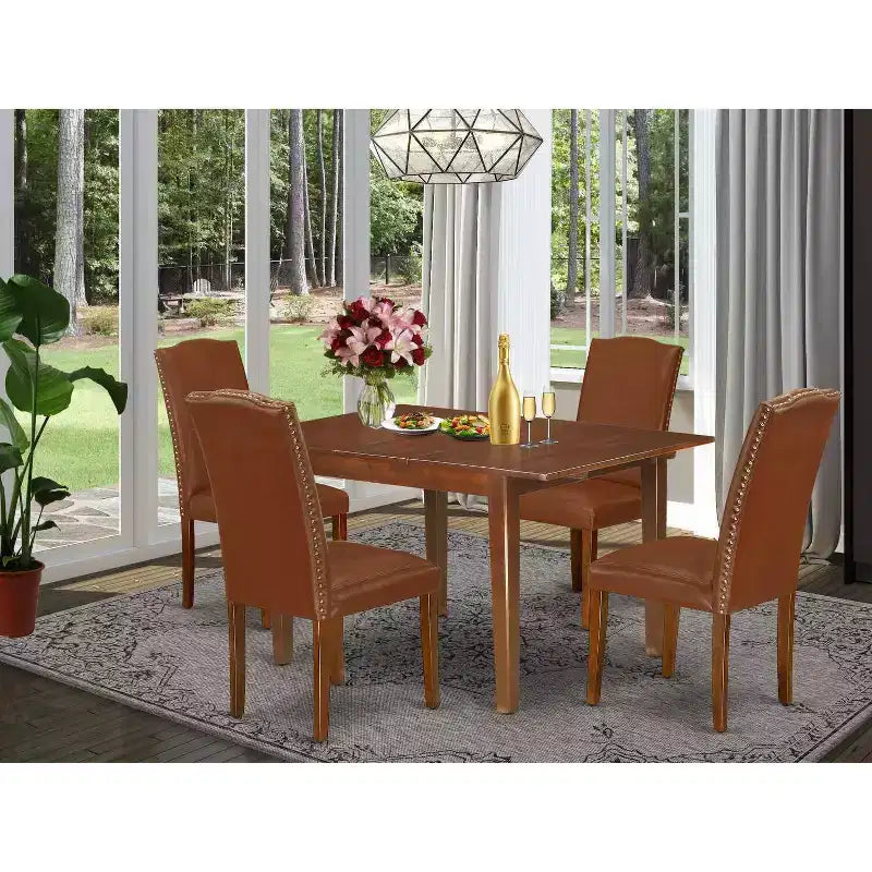 Ensemble de salle à manger 5 pièces, table rectangulaire avec rallonge et 4 chaises Parsons - Similicuir marron