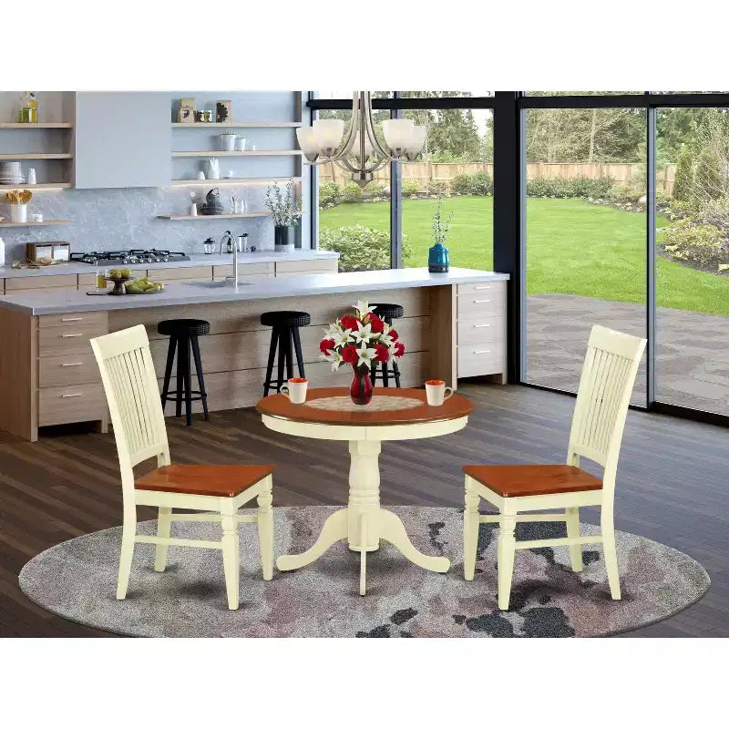 Ensemble de salle à manger 3 pièces – Table de salle à manger avec 2 chaises – Finition crémeuse et cerisier – Design éclectique