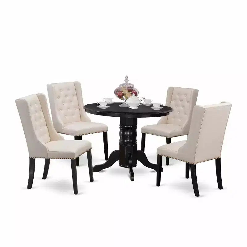 HomeStock 5-Piece Black Finish Solid Wood Top Dining Table with 4 Upholstered Chairs