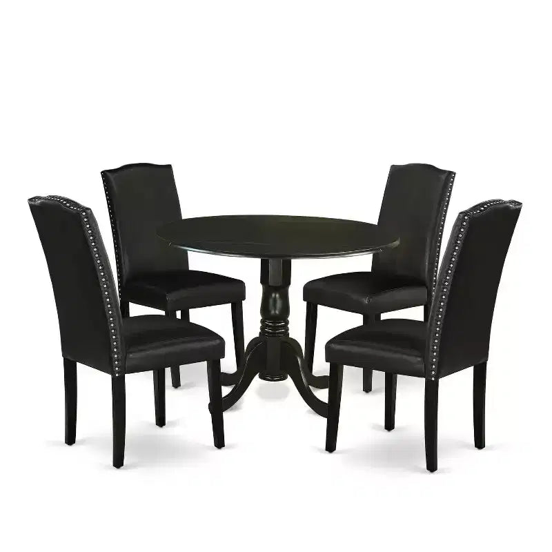 Round Kitchen Table Set 5pc 42 Table w/ Drop Leaves & 4 Parsons Chairs - Black PU Leather