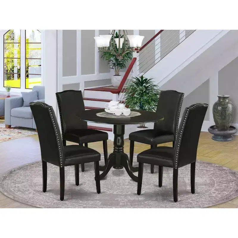 Ensemble table de cuisine ronde 5 pièces Table de 42 po avec rallonges et 4 chaises Parsons – Similicuir noir