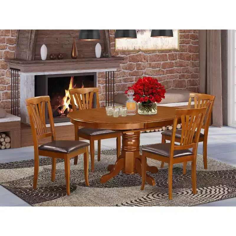 Ensemble de salle à manger ovale 5 pièces avec plateau en bois massif finition marron selle et 4 chaises avec
