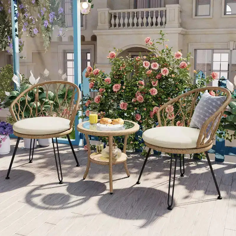 GDFStudio Tony Ensemble de loisirs 3 pièces en rotin pour extérieur avec chaises et table ronde en verre