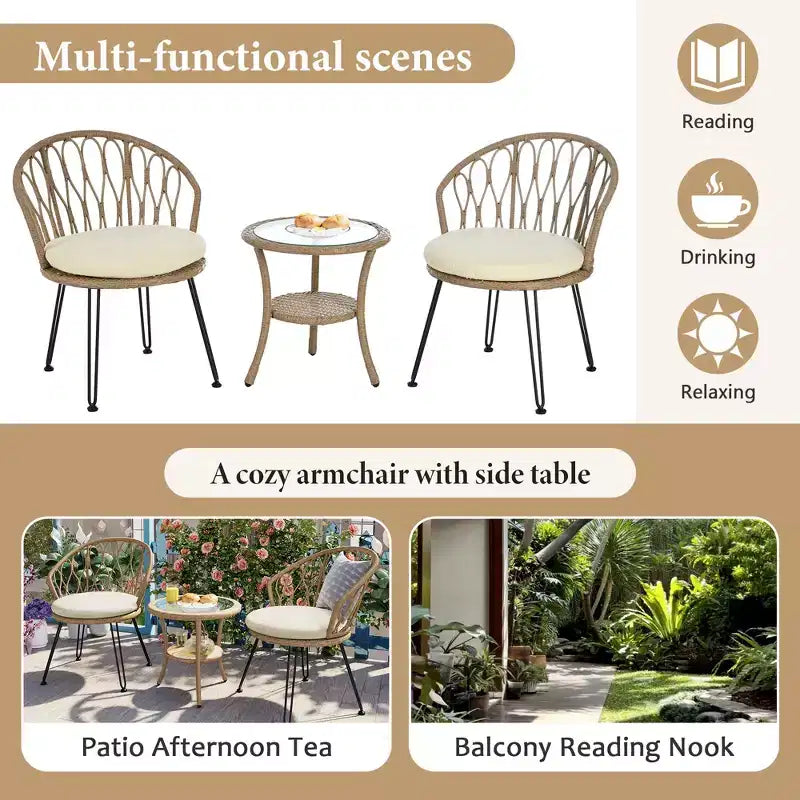 GDFStudio Tony Ensemble de loisirs 3 pièces en rotin pour extérieur avec chaises et table ronde en verre
