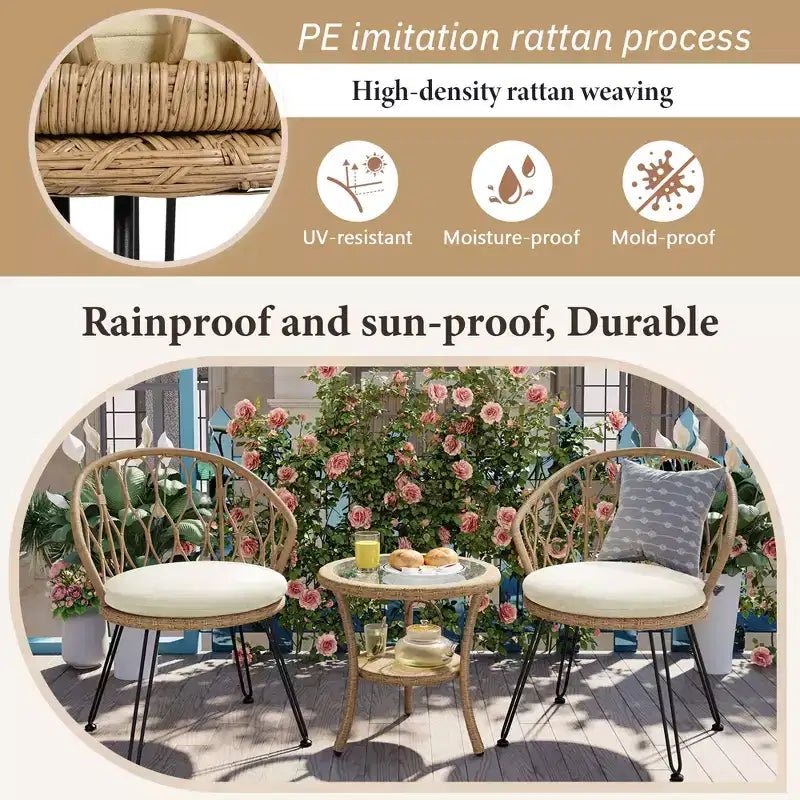 GDFStudio Tony Ensemble de loisirs 3 pièces en rotin pour extérieur avec chaises et table ronde en verre