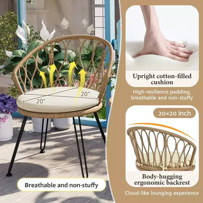 GDFStudio Tony Ensemble de loisirs 3 pièces en rotin pour extérieur avec chaises et table ronde en verre