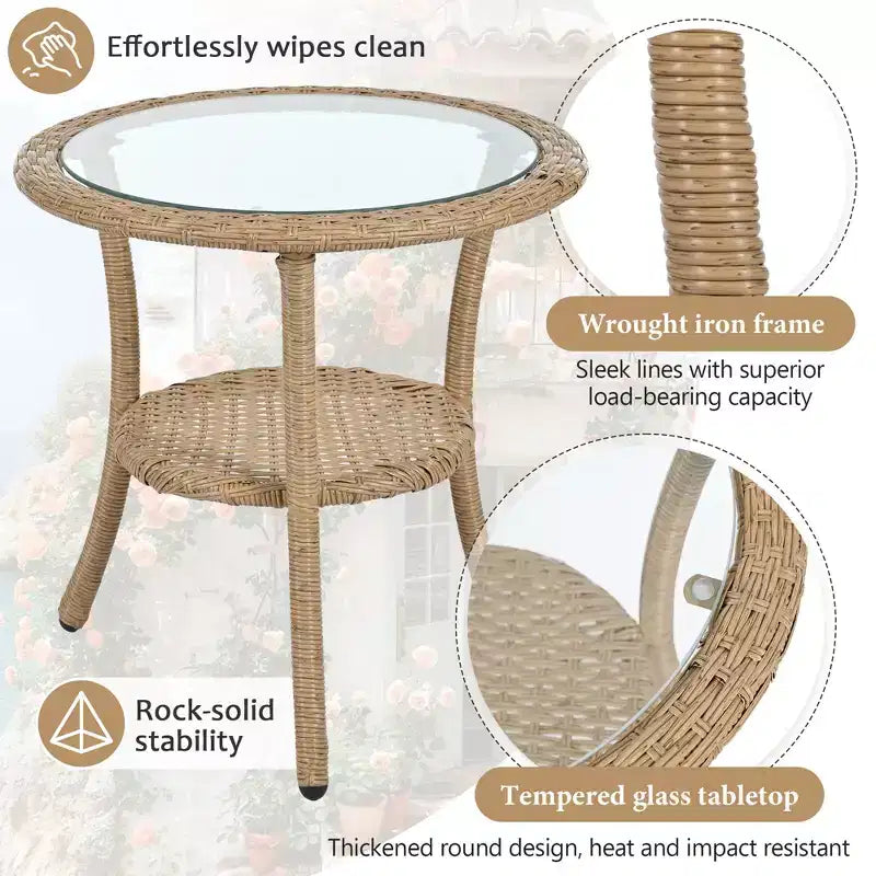 GDFStudio Tony Ensemble de loisirs 3 pièces en rotin pour extérieur avec chaises et table ronde en verre