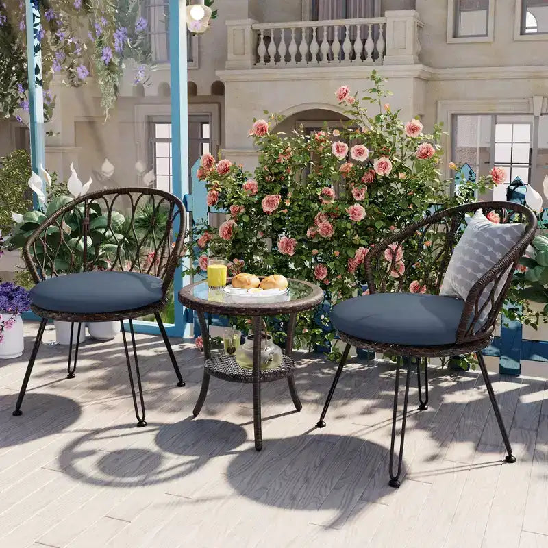 GDFStudio Tony Ensemble de loisirs 3 pièces en rotin pour extérieur avec chaises et table ronde en verre