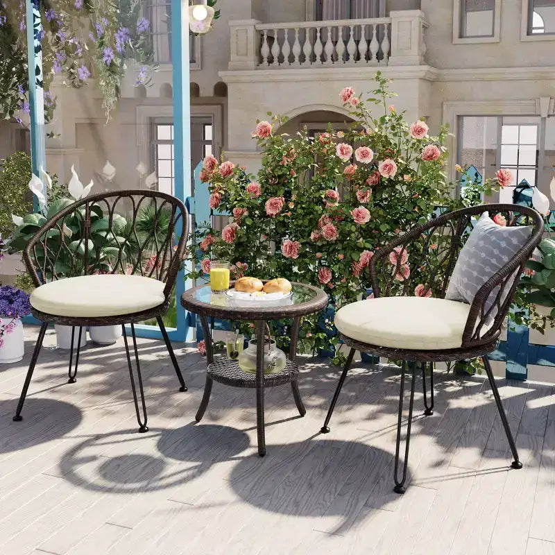 GDFStudio Tony Ensemble de loisirs 3 pièces en rotin pour extérieur avec chaises et table ronde en verre