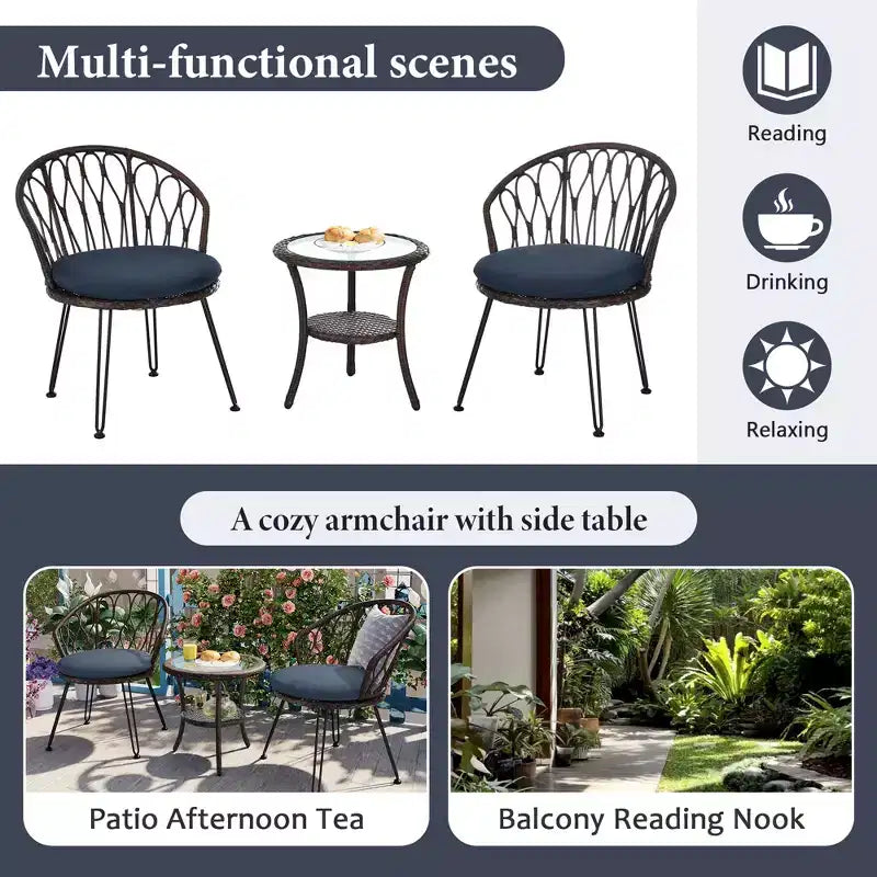 GDFStudio Tony Ensemble de loisirs 3 pièces en rotin pour extérieur avec chaises et table ronde en verre