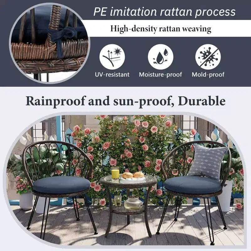GDFStudio Tony Ensemble de loisirs 3 pièces en rotin pour extérieur avec chaises et table ronde en verre