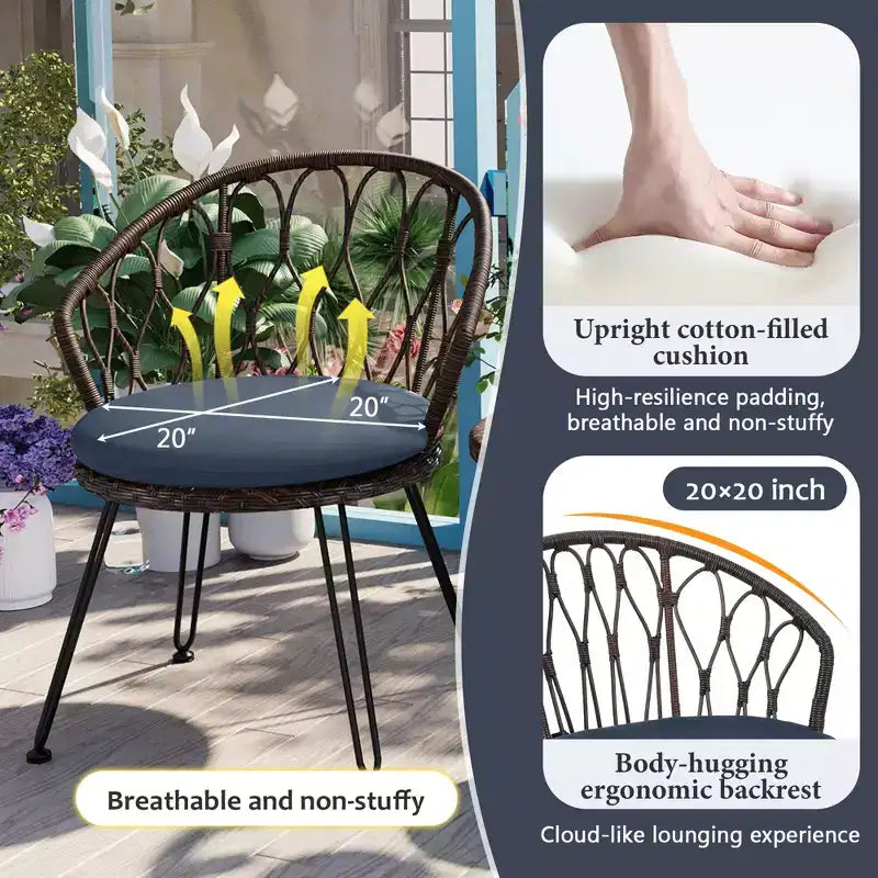 GDFStudio Tony Ensemble de loisirs 3 pièces en rotin pour extérieur avec chaises et table ronde en verre